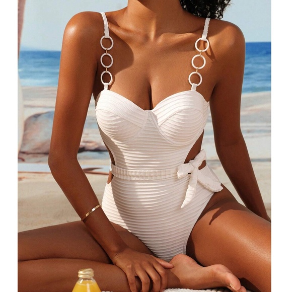 Ribbed White Cut out Tie Monokini One Piece Swimsuit - Picture 1 of 5